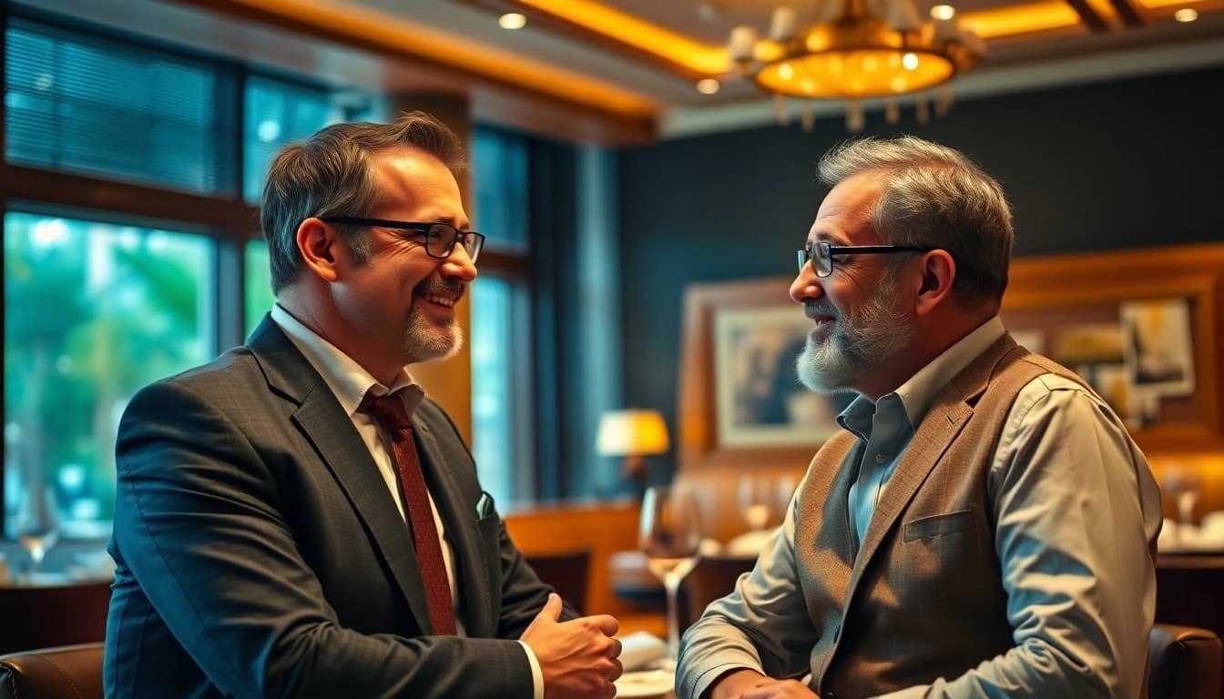 Headhunter Gastronomie bei einem professionellen Gespräch mit einem Restaurantbesitzer in einem eleganten Ambiente.