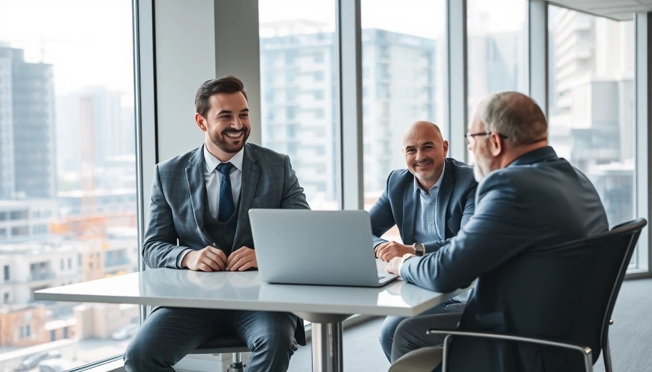 Headhunter Baubranche - Ein professioneller Austausch zwischen einem Headhunter und einem Bauleiter in einem modernen Büro.