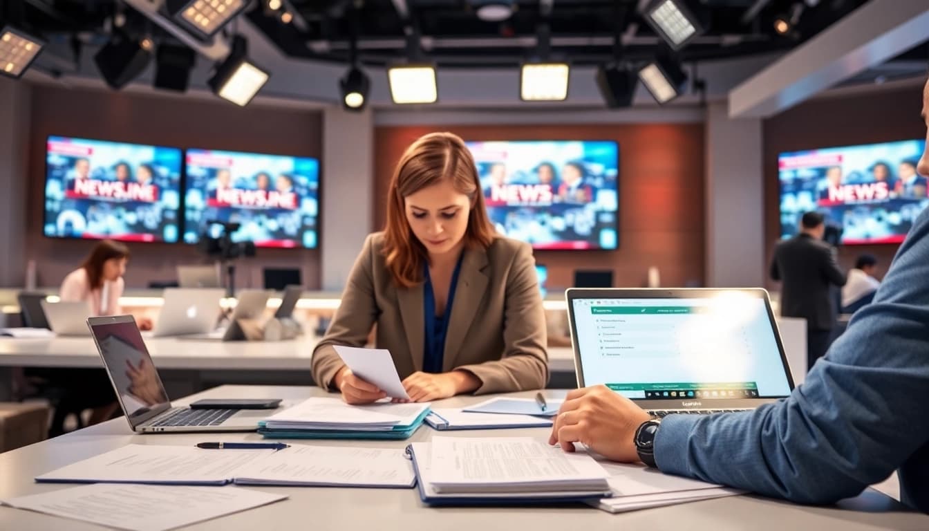 Aktuelle Meldungen in einem professionellen Newsroom-Setting, Journalisten arbeiten aktiv.