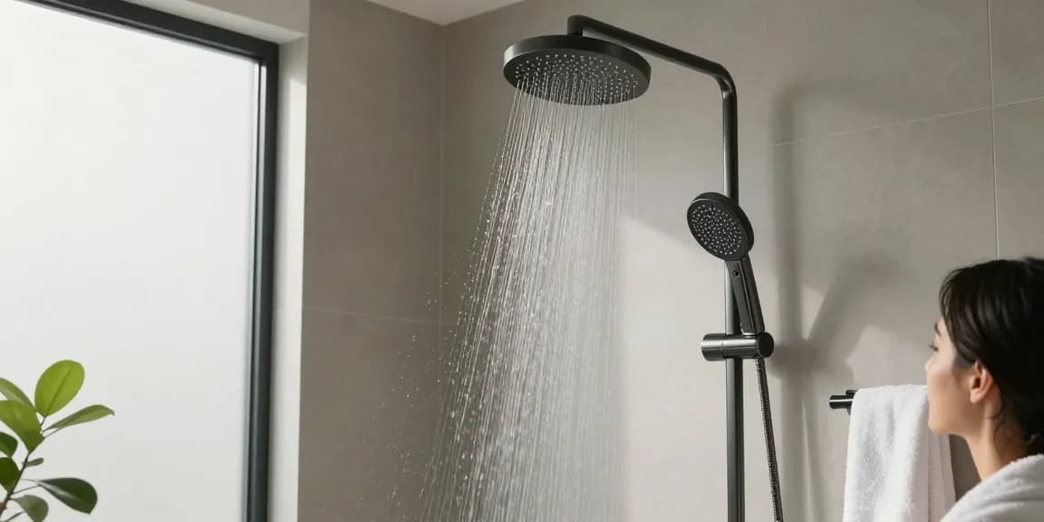 Luxueuze regendouche-ervaring in moderne badkamer met chroom en matte afwerkingen.