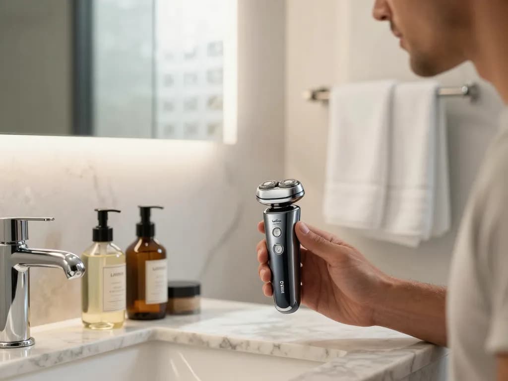 Elektrischer Rasierer Laifen NEO in einem luxuriösen Badezimmer, das persönliche Pflege betont.