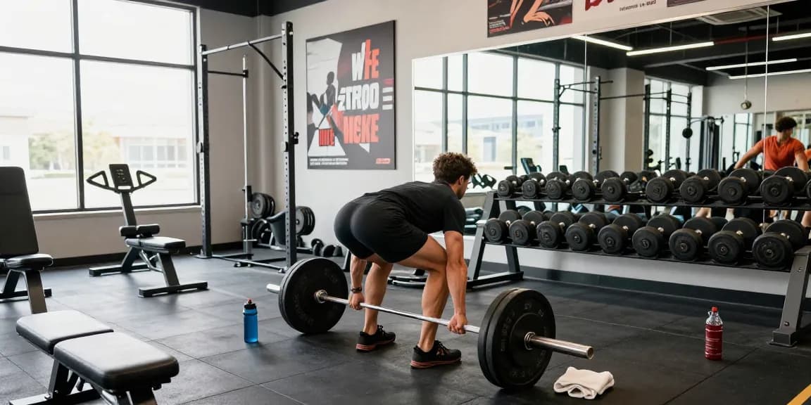Individual training in a dynamic gym setting at the Anabolika Shop, performing a deadlift to build muscle strength.