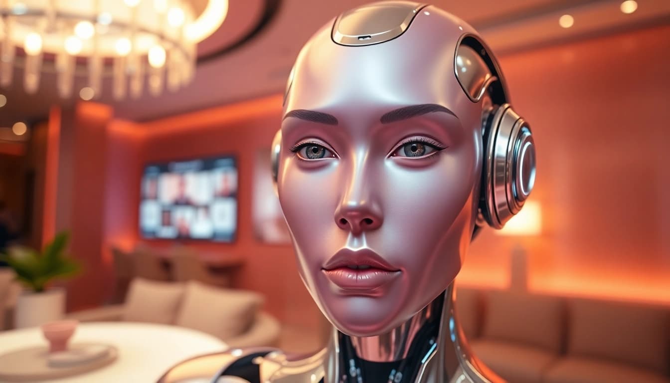 Futuristic sex bot showcasing advanced technology and human-like features in a luxurious setting.