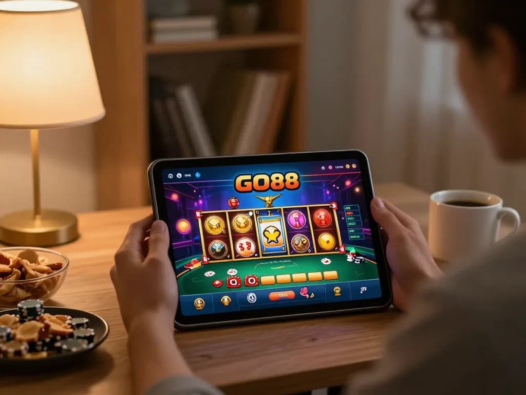 Player enjoying the mobile GO88 casino app in a cozy home setup, showcasing engaging gaming graphics.