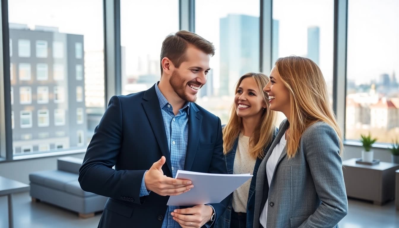 Immobilienmakler Frankfurt Eckenheim heißt ein glückliches Paar in modernem Büro willkommen.