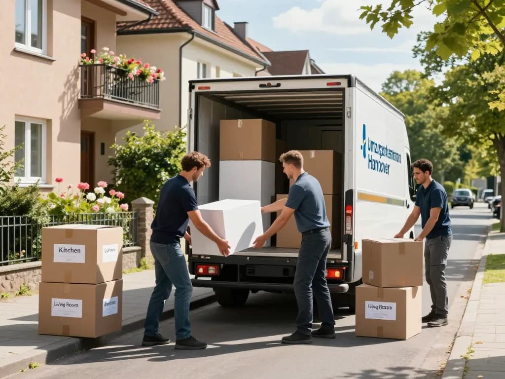 Professionelle Umzugshelfer eines Umzugsunternehmens Hannover laden effizient ein Umzugsfahrzeug an einem sonnigen Tag.