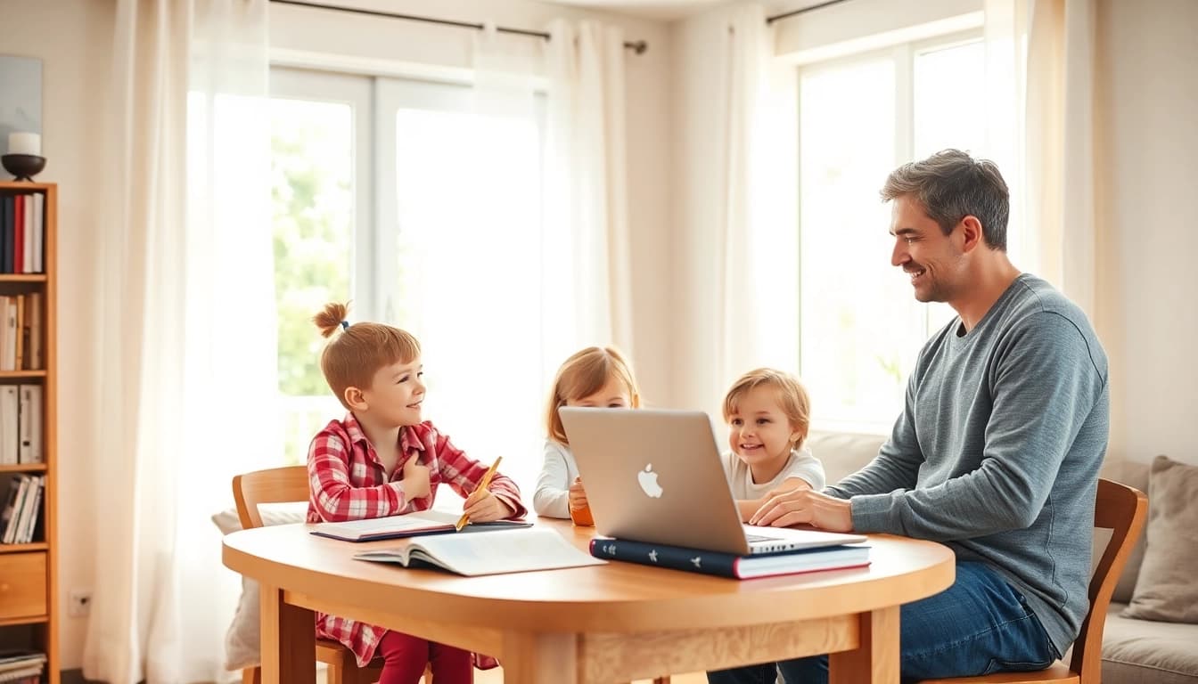 Führen Sie engagierten Heimunterricht mit einem Elternteil und zwei Kindern in einem lichtdurchfluteten Wohnzimmer durch.