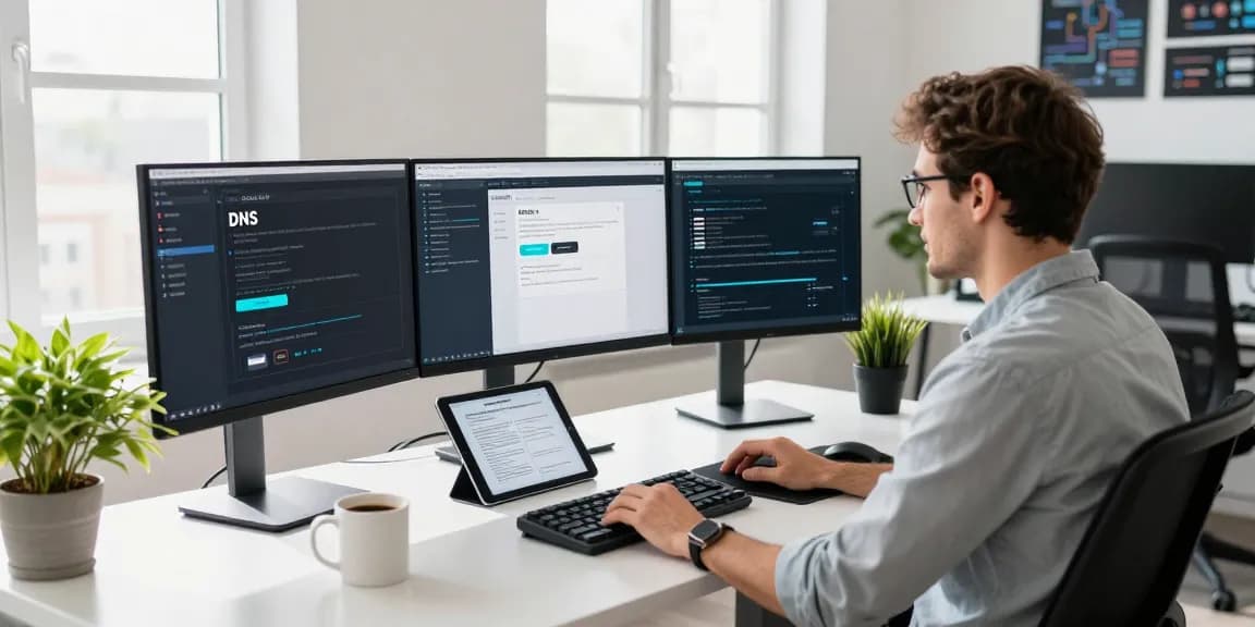 Control D Erfahrungen in a tech workspace showing a developer configuring DNS settings on multiple monitors
