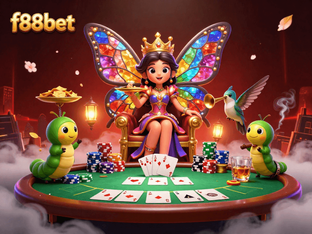 Join the excitement at f88bet with a vibrant casino illustration featuring a butterfly queen and dynamic game elements.