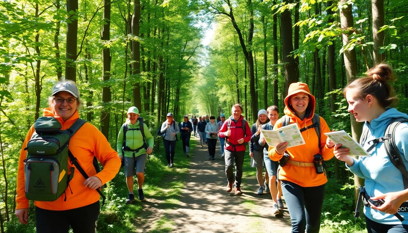Aktive Läufer bei der Wetziker OL Challenge manövrieren durch dichten Wald mit Orientierungskarten und Kompass.