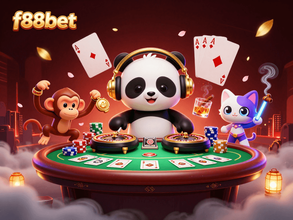 Enjoy an exciting gaming scene at f88bet with a DJ panda, breakdancing monkey, and rave kitten.