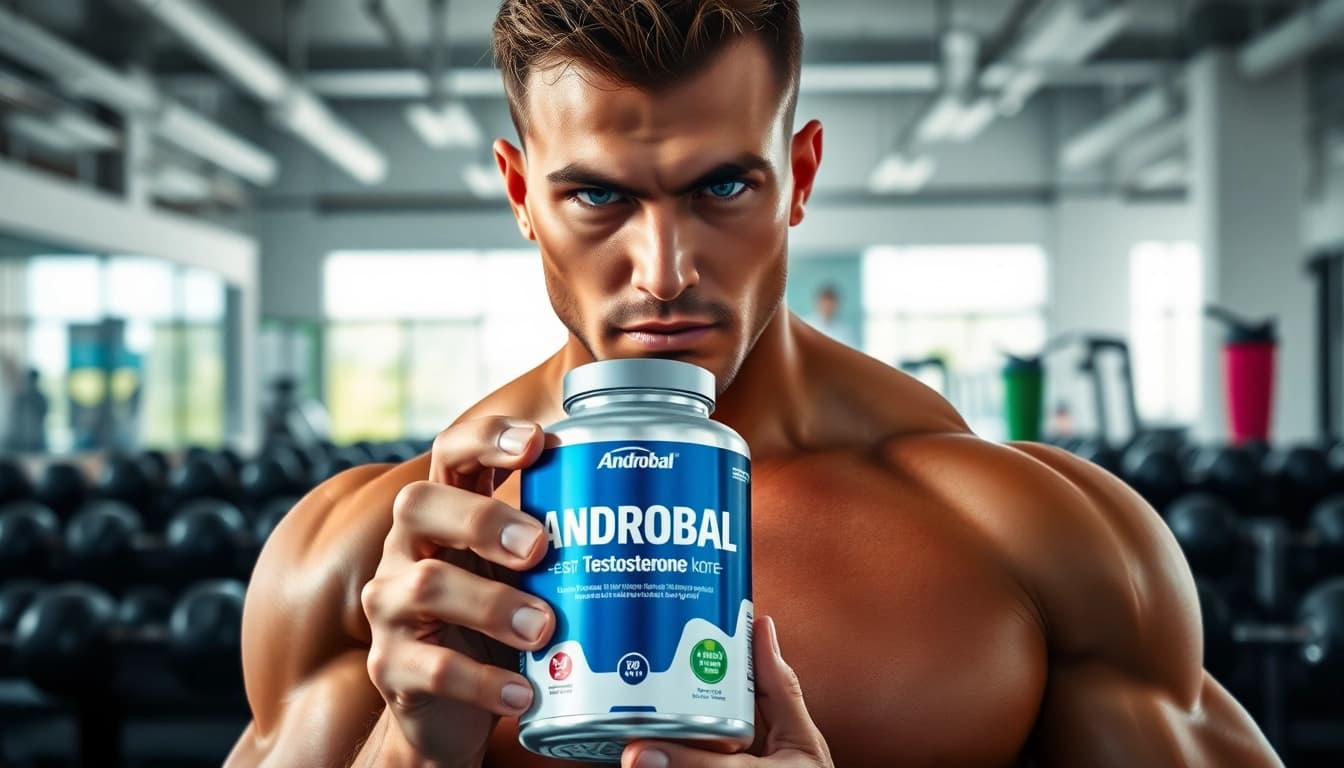 Androbal Testosterone Compound bottle held by a professional bodybuilder in a gym.