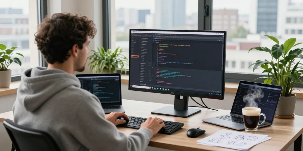 Exploring Control D Erfahrungen in a modern workspace with a developer using high-tech equipment and coding.