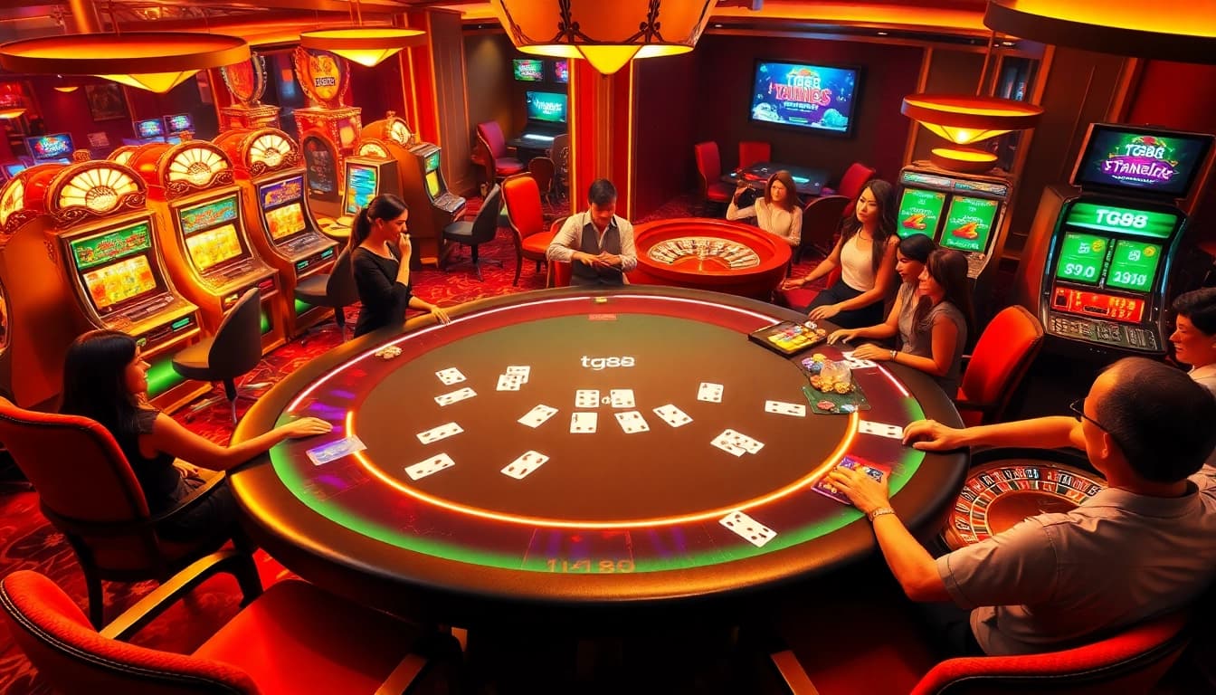 Experience the excitement of tg88 with thrilling casino games showcasing blackjack tables and slot machines.