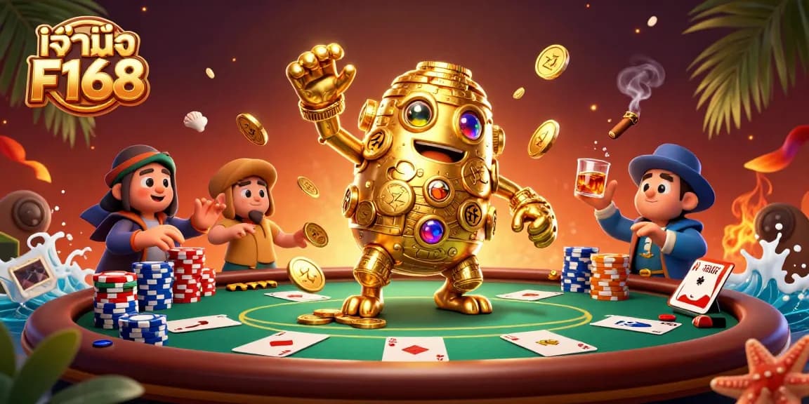 Engage with เจ้ามือ F168 as the golden golem symbolizes prosperity in an animated casino scene.