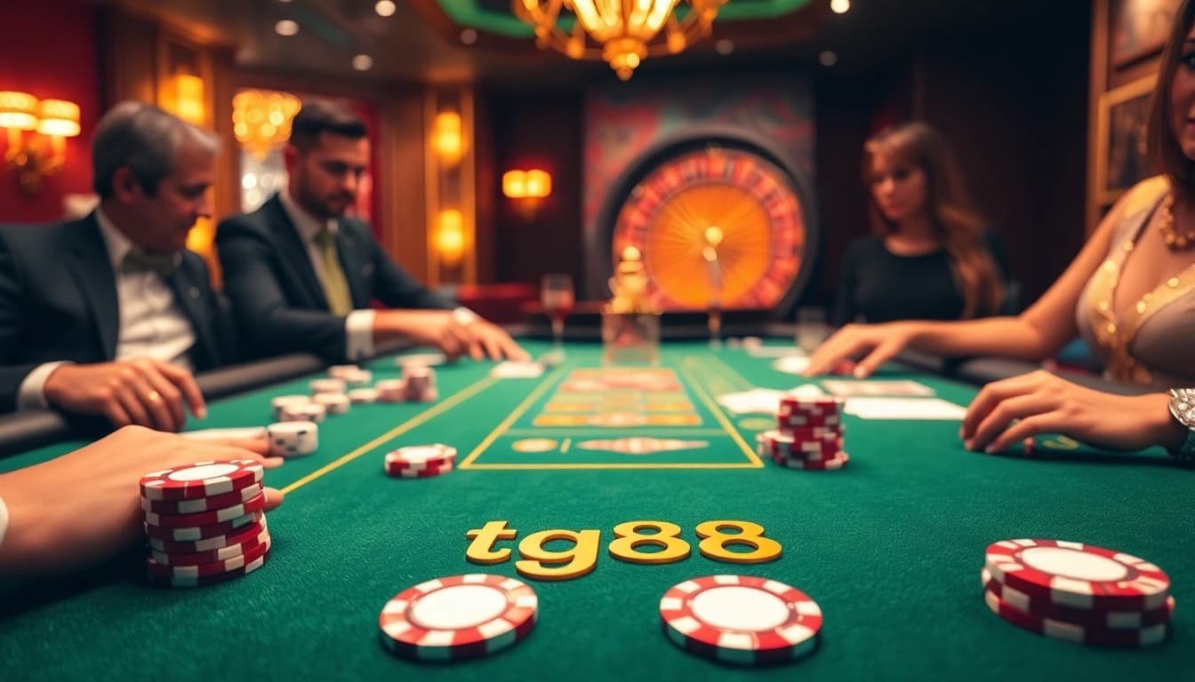 Experience thrilling gambling action at tg88 poker table with rich chips and cards.
