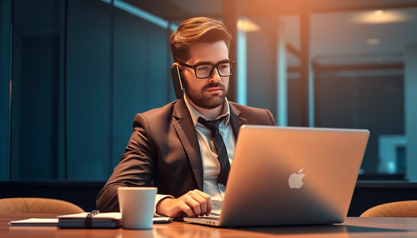 Headhunter im eleganten Büro, der erfolgreich mit einem Kandidaten telefoniert.