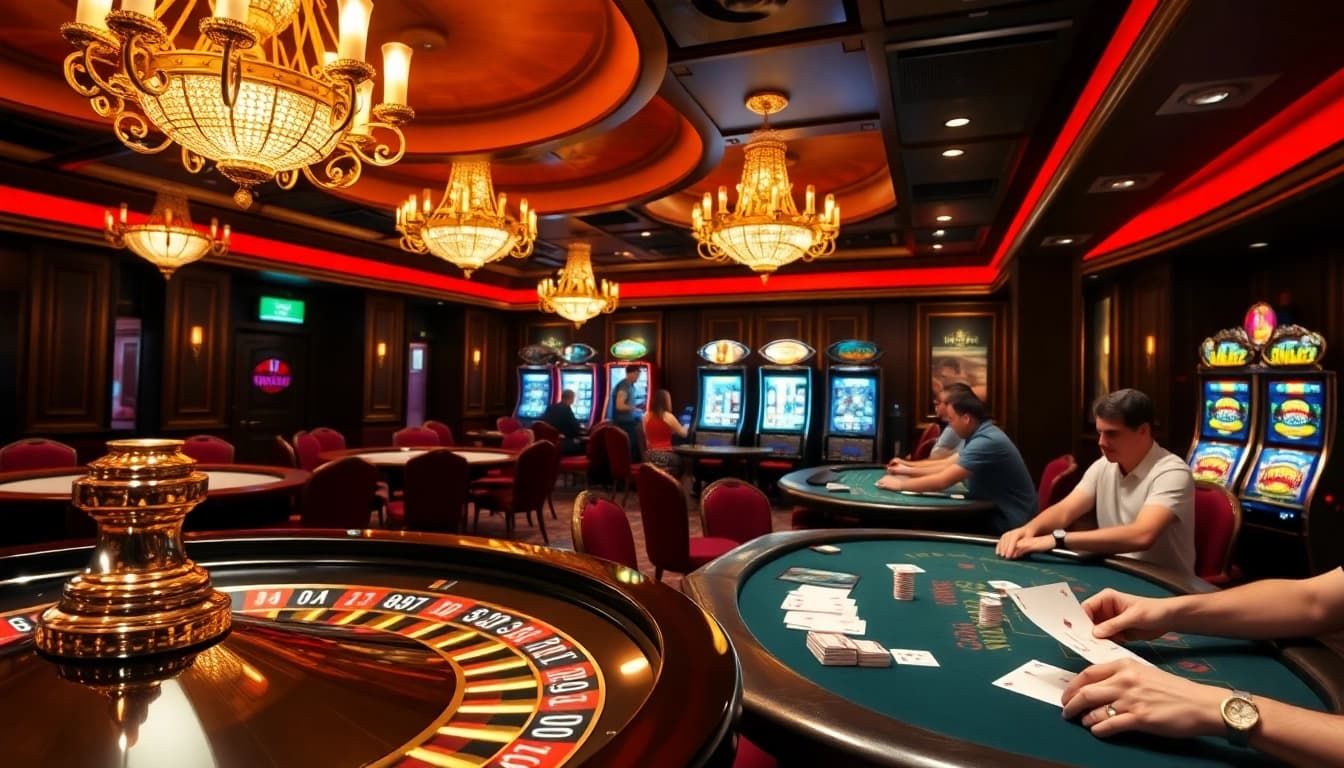 Players enjoying exciting games at Luckywin casino with vibrant roulette, poker, and slot machines.
