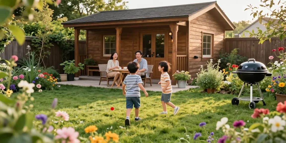 Gartenhaus Holz in einem einladenden Garten mit spielenden Kindern und einer Familie.