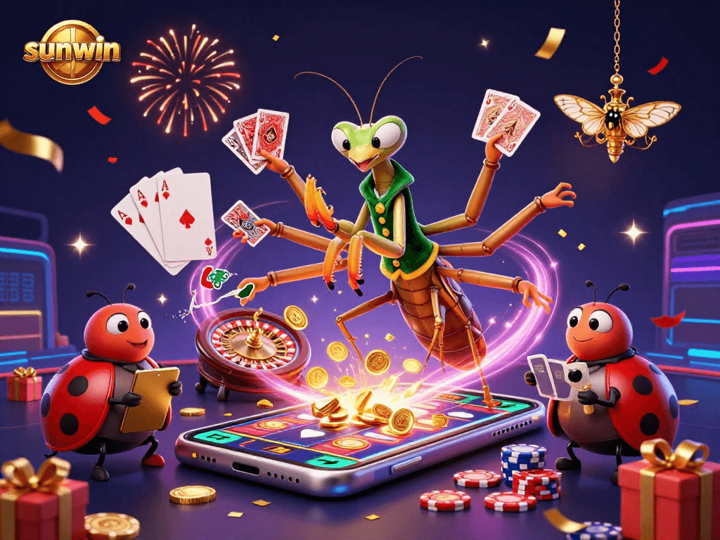 Join the excitement at sunwin with a vibrant casino scene featuring a praying mantis card sharp
