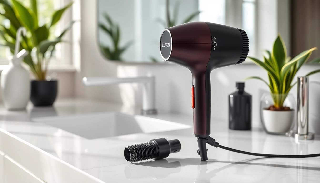 Erleben Sie den laifen haartrockner, der elegant auf einem modernen Badetisch präsentiert wird.