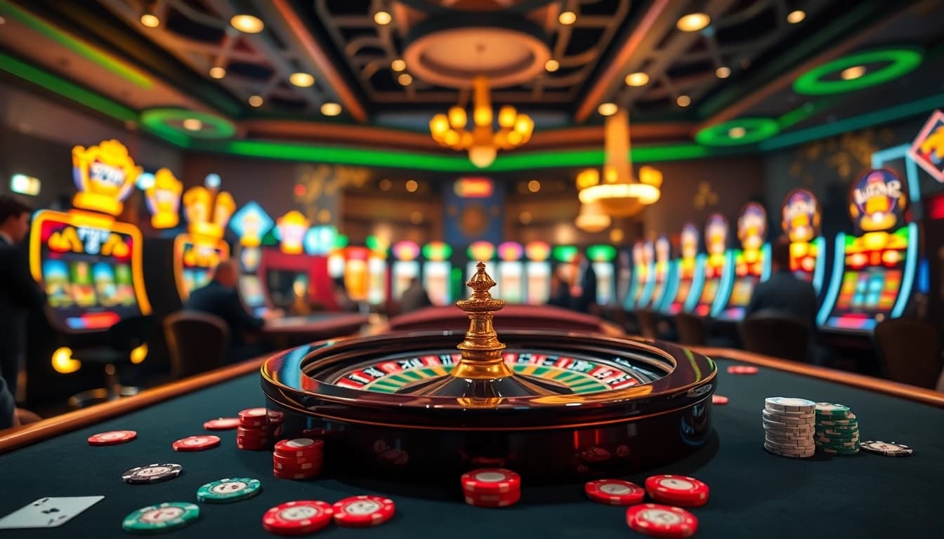 Players enjoying a thrilling experience at 79KING casino with poker chips and slot machines.