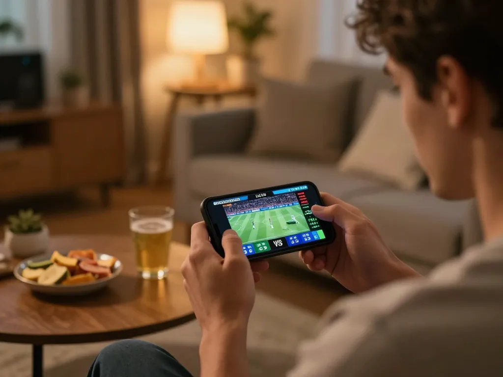 Player engaging in online sports betting through smartphone, focusing on mk8 live odds.