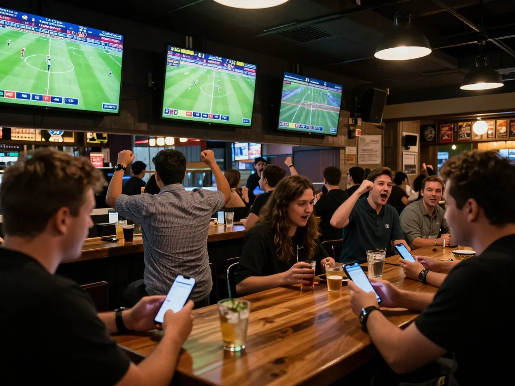 Socolive trực tiếp engaging fans placing bets while watching live football matches in a lively sports bar.