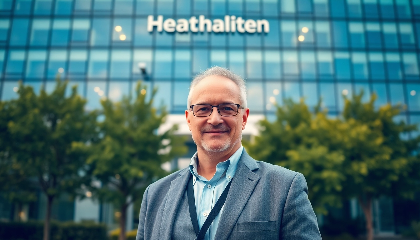 Headhunter Pflegekräfte in professioneller Kleidung steht vor einem modernen Bürogebäude und symbolisiert die Suche nach qualifizierten Pflegekräften.