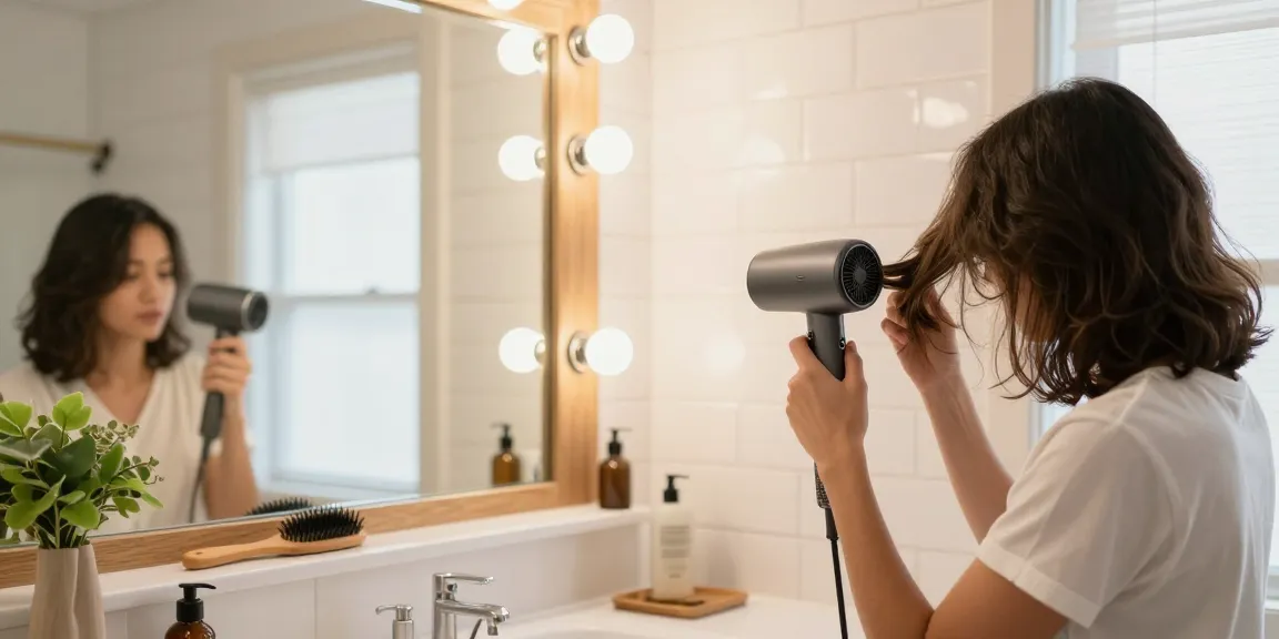 Person using a small hair dryer in a stylish bathroom for personal grooming.