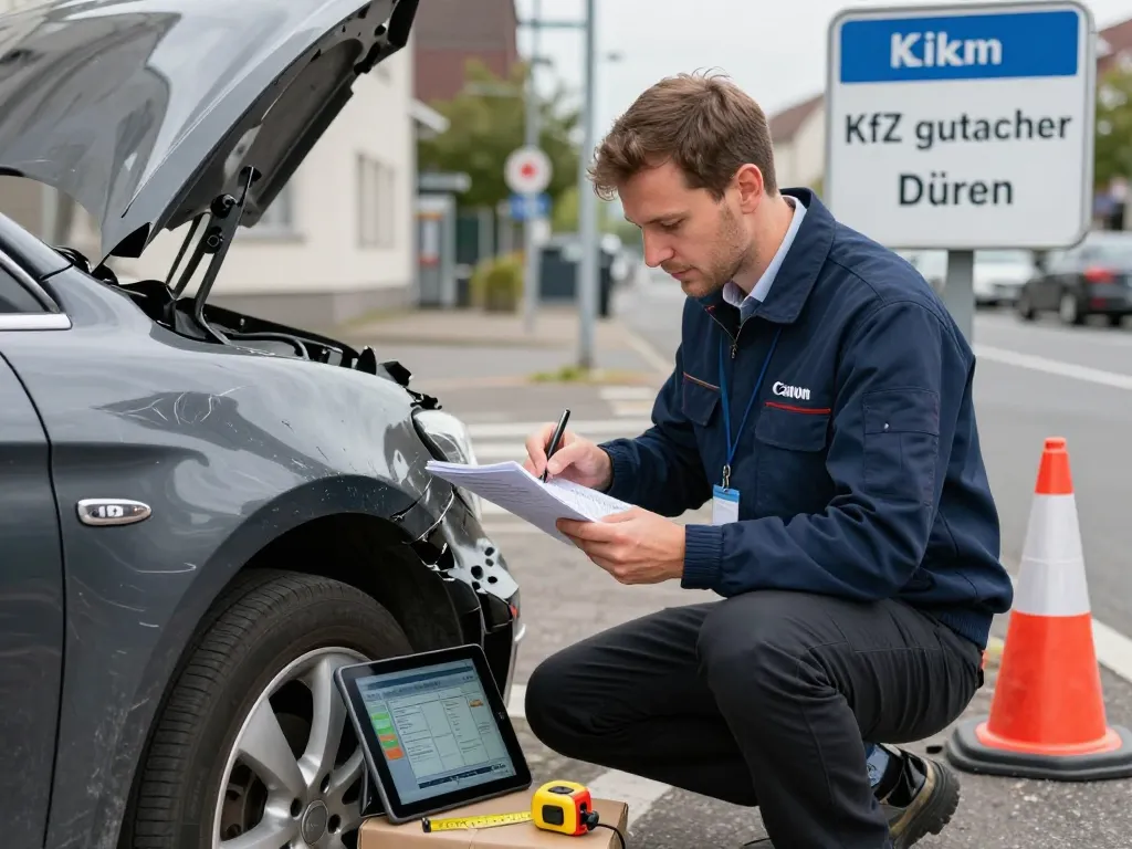 Kfz Gutachter Düren bewertet ein beschädigtes Fahrzeug während einer Unfallinspektion, ausgestattet mit professionellen Werkzeugen und urbaner Kulisse.