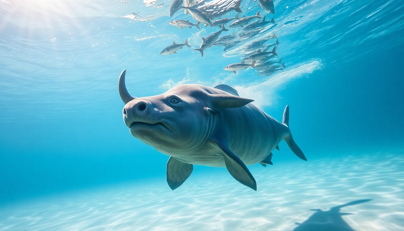 Tauchen Bullenhaie im klaren Wasser mit einem majestätischen Bullenhai, umgeben von Tauchern.