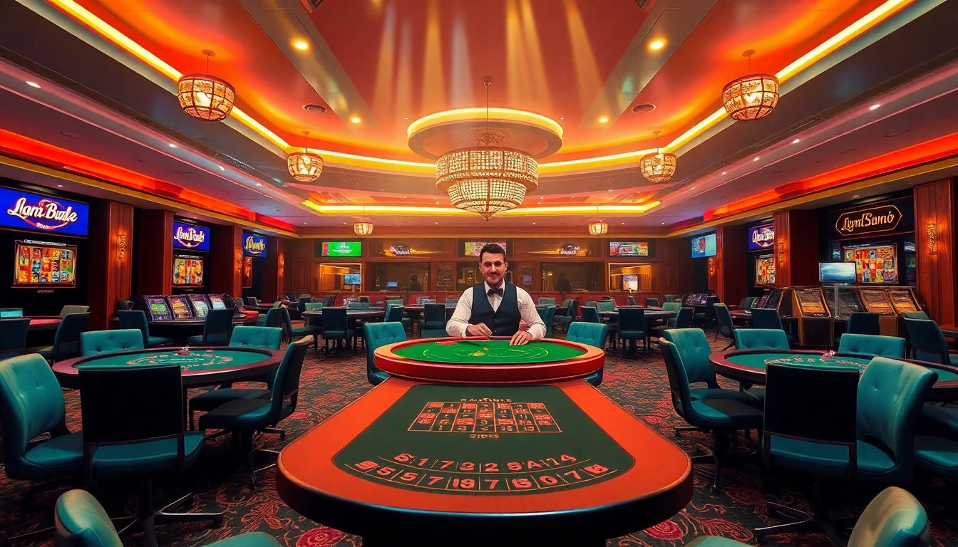 Erforsche die aufregende Welt der Online Casinos Österreich mit einem eleganten Casino-Setting und Spielern am Tisch.