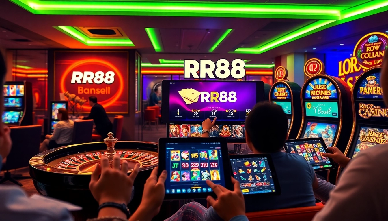 Players engaging with RR88's online casino, showcasing excitement and luxury in betting activities.