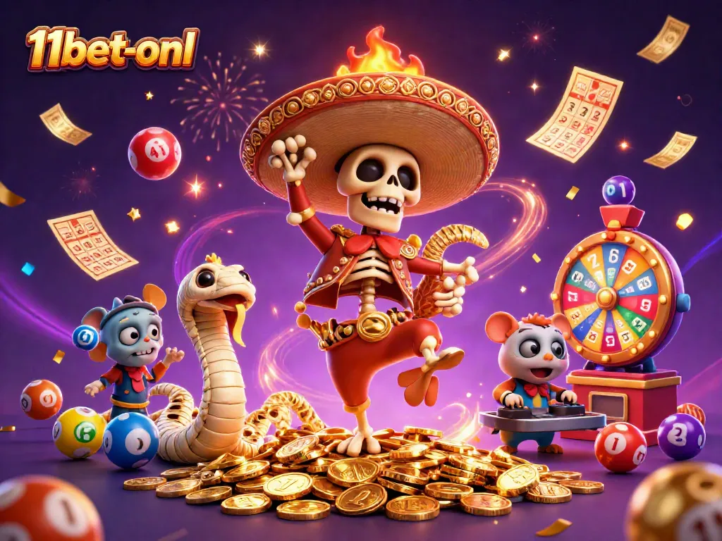 Experience excitement with 11bet-onl in a vibrant scene of a dancing skeleton rooster amidst colorful lottery elements.