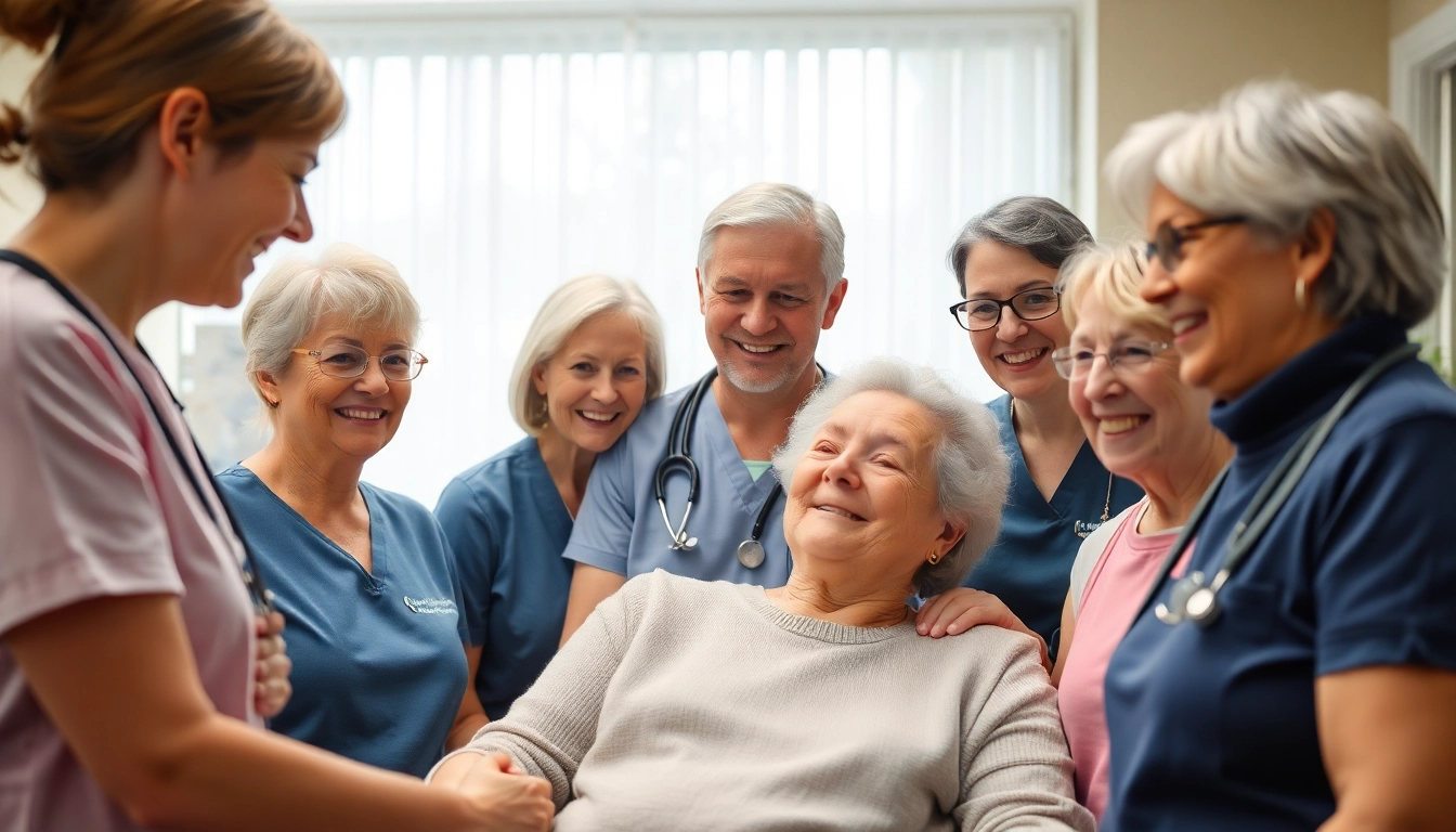 Pflegedienst Werbung visualisiert: Ein Pflegedienst-Team engagiert sich für das Wohl älterer Menschen.
