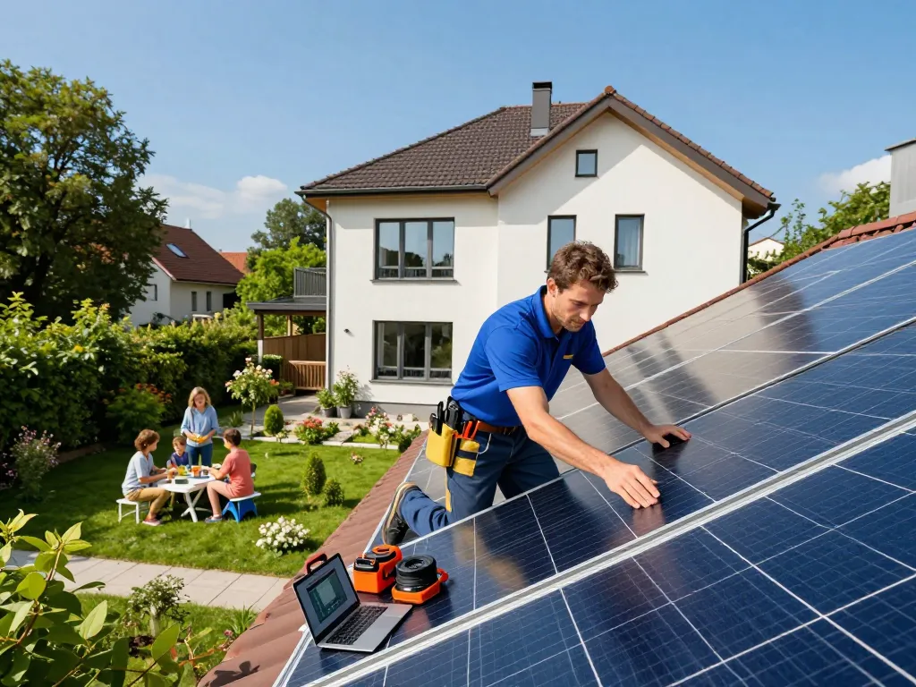 Solar Wien: Installateur, der Solarpaneele an einem modernen Haus in Wien anpasst und Nachhaltigkeit sowie Familienengagement zeigt.