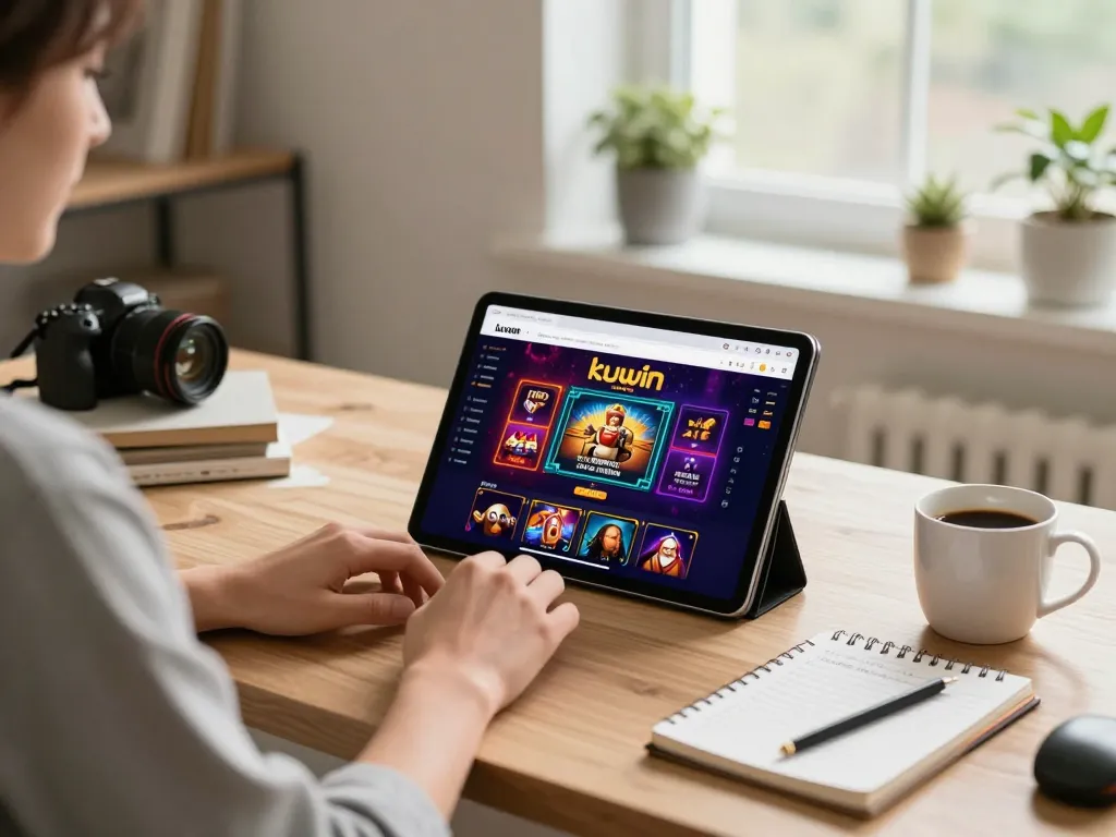 Kuwin online casino gameplay on tablet at a cozy home office with strategy notes.