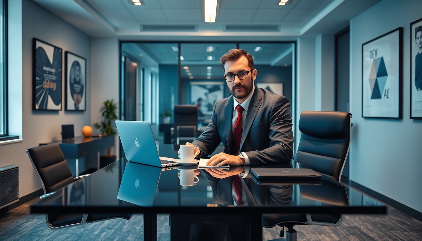Headhunter Heidelberg bei der Arbeit in einem modernen Büro, mit elegantem Schreibtisch und Laptop.