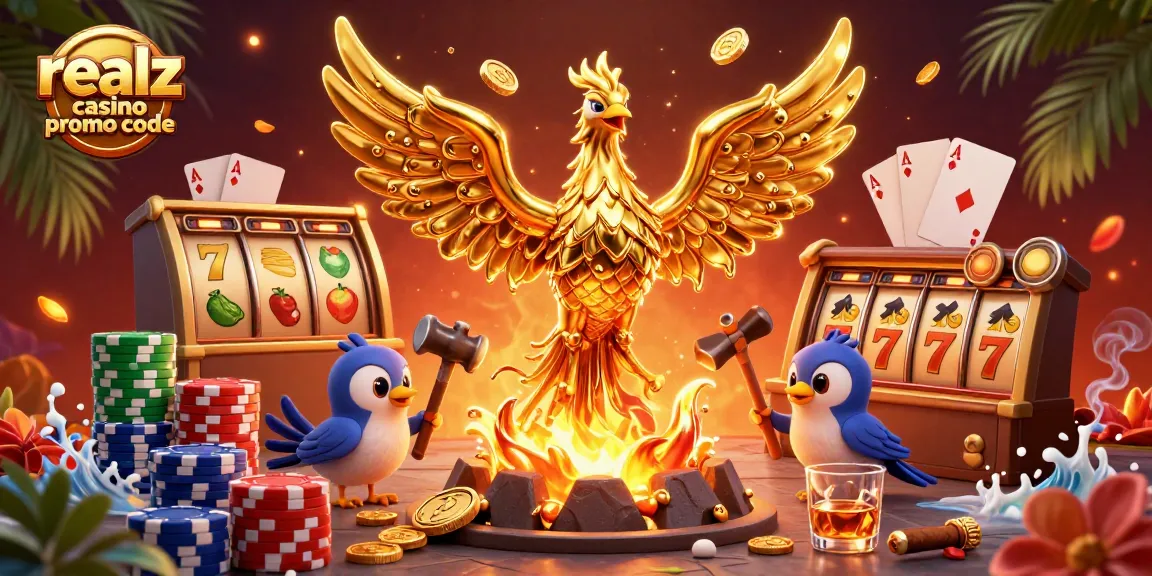 Visualisierung des Realz Casino Promo Codes mit goldener Phönix-Illustration umgeben von Spielautomaten und Pokerchips.