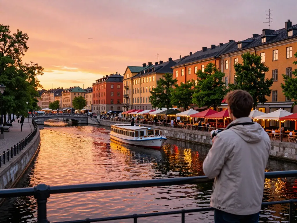 Reisetipps Stockholm: Ein Reisender genießt die malerischen Kanäle und die historische Architektur von Stockholm bei Sonnenuntergang.