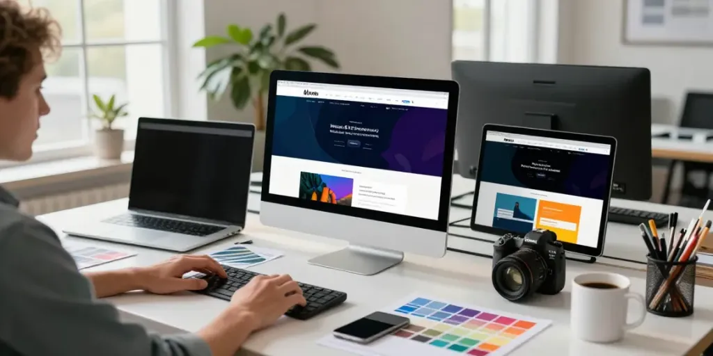 Webdesign Saarland: Kreatives Studio mit Designer, der an modernen Webseiten arbeitet.