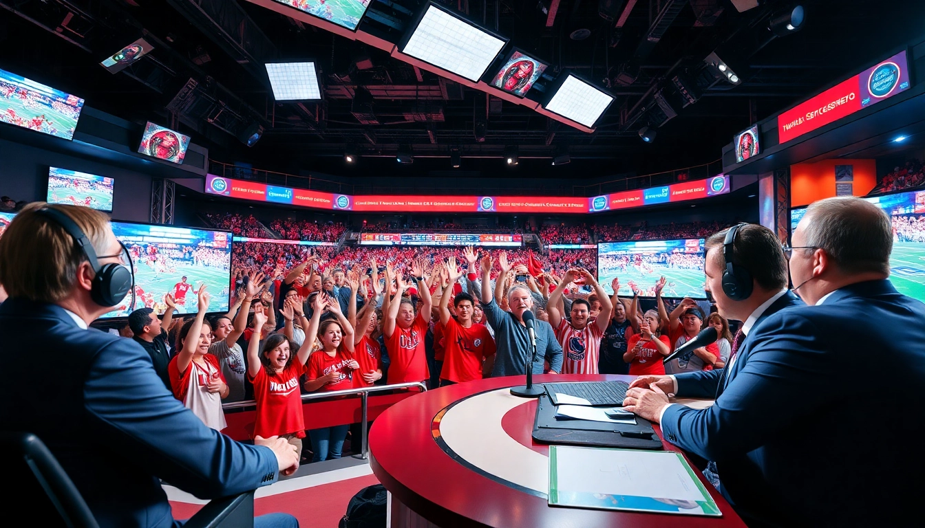 Engaging sports broadcasting hosts with live game graphics and cheering fans in a vibrant studio.
