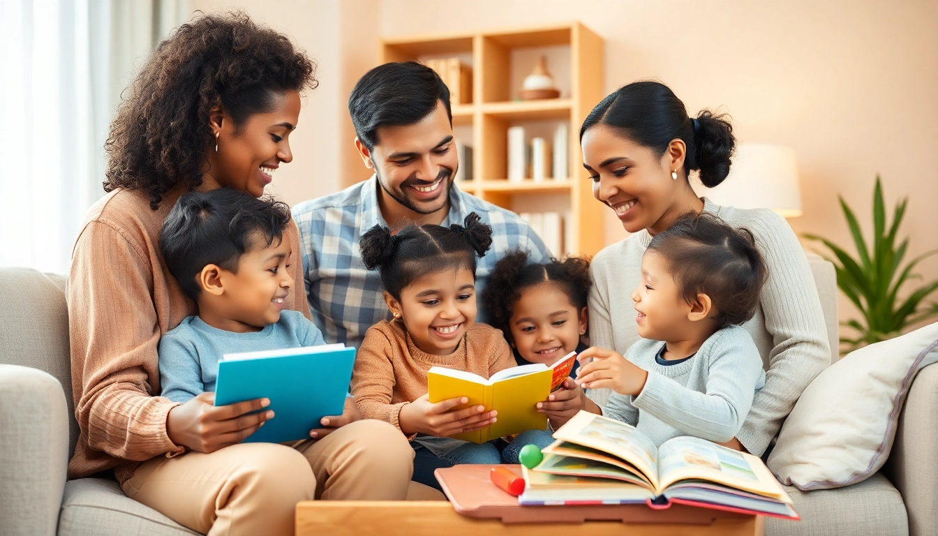 Familie in entspannter Atmosphäre bei der gemeinsamen Kindererziehung: Eltern und Kinder arbeiten spielerisch zusammen.