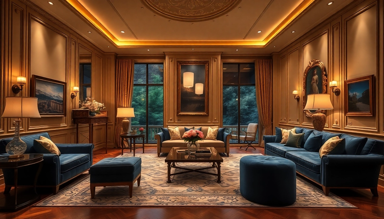 Luxury living room with elegant furniture, ambient lighting, and opulent decor elements.