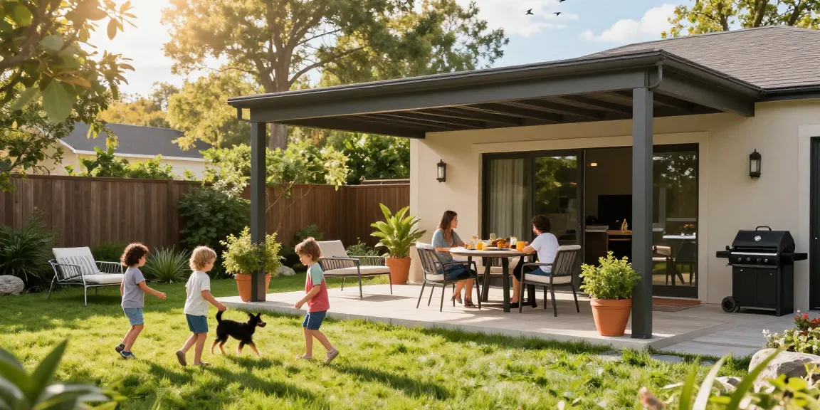 Terrassenüberdachung freistehend im Garten, Familie genießt die Freizeit im Freien.
