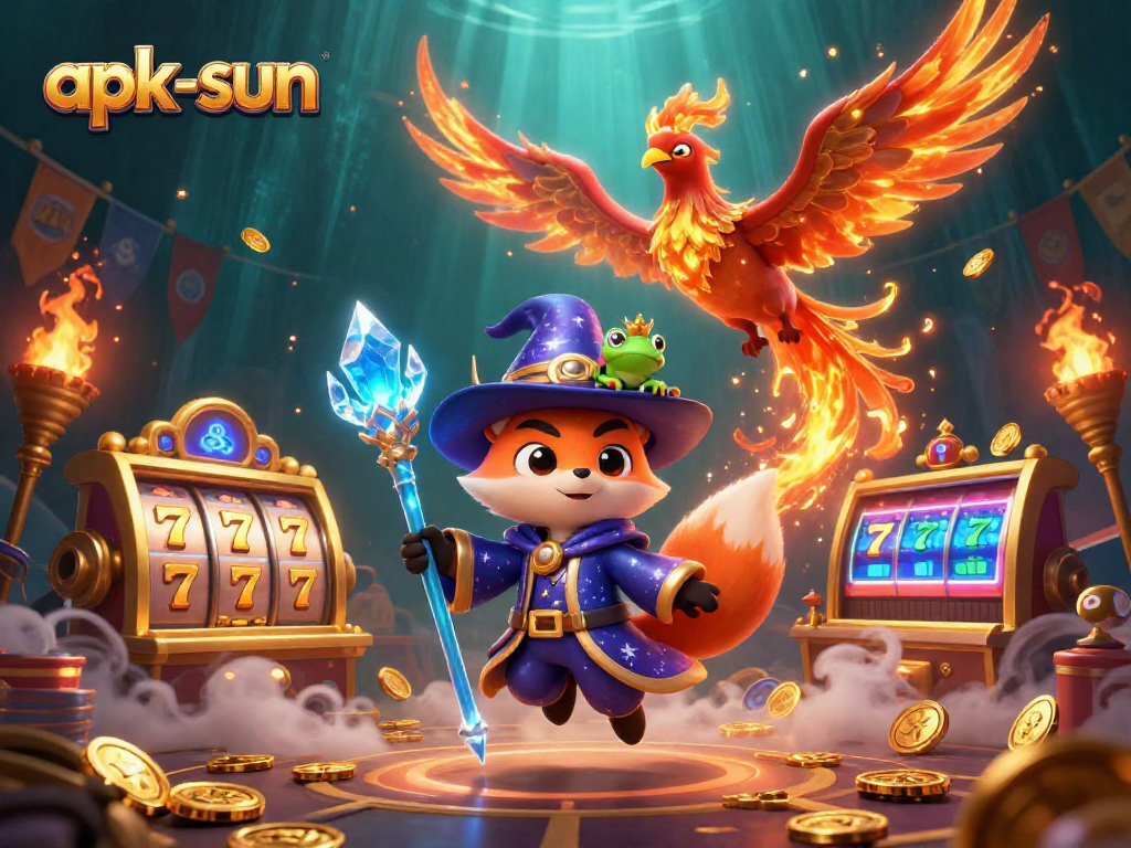 Experience the excitement of apk-sun with a wizard fox and phoenix in a vivid casino scene.