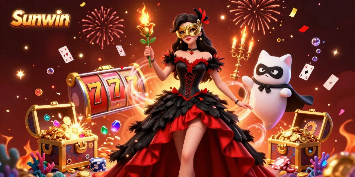 Experience the excitement at Sunwin with vibrant casino games, floating cards, and dynamic gold elements.