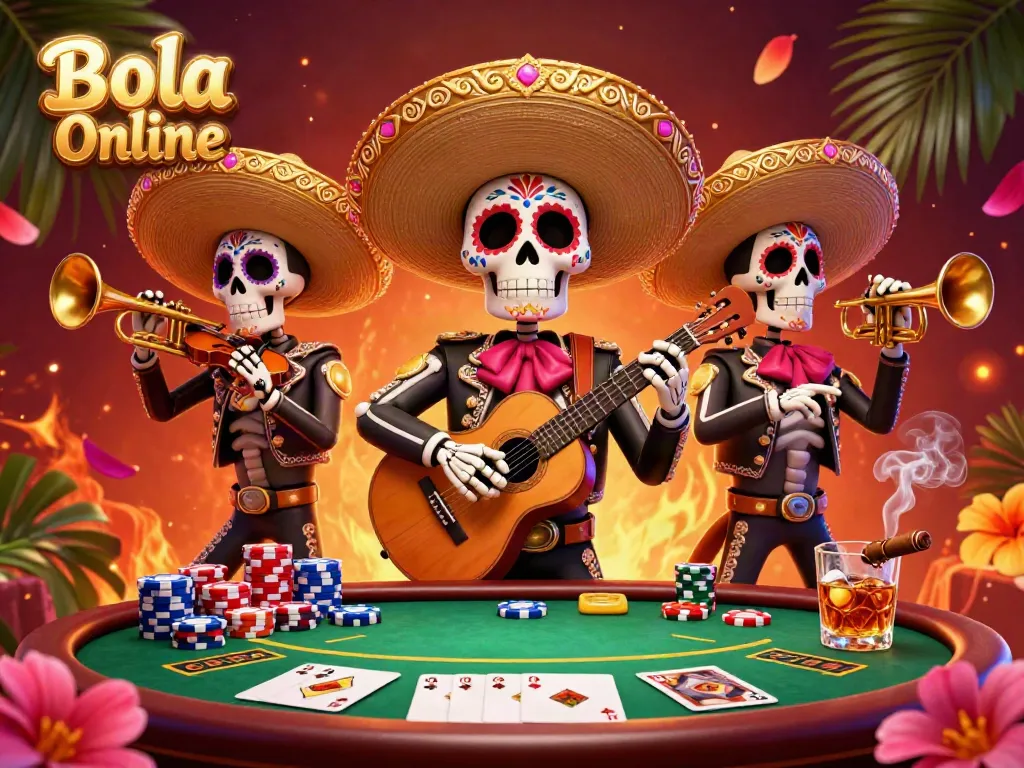 Bola Online skeleton mariachi band surrounded by poker elements, celebrating vibrant sports betting.