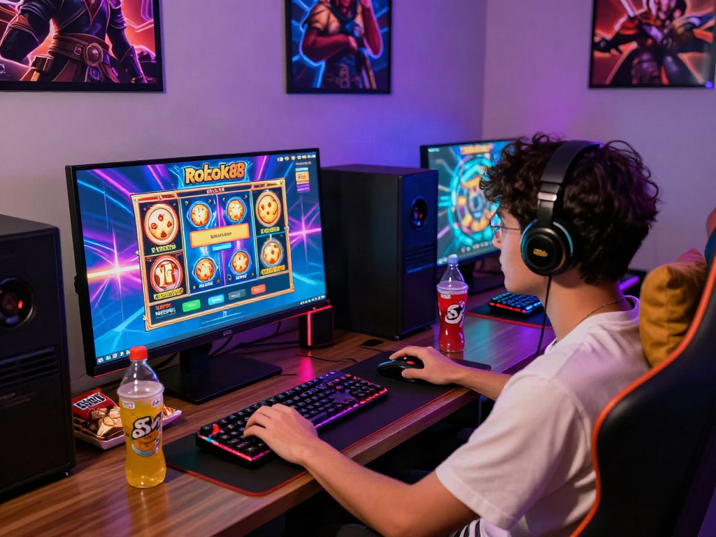 Player engaged in rokok88 slot login on a vibrant gaming setup with LED lights and gaming accessories.